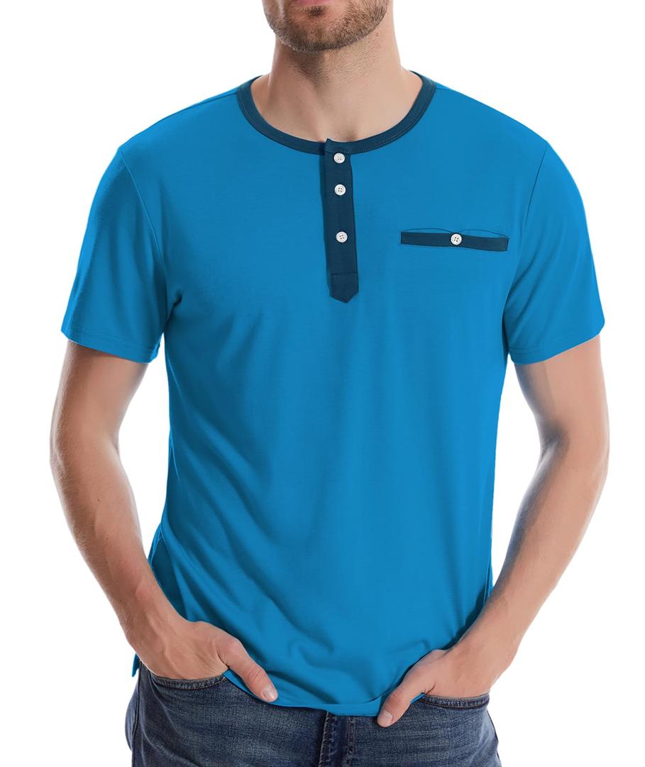 WENTTUO Men's Henley Shirts Short Sleeve Summer Casual Sport T-Shirts Lake Blue (Blue, XL)