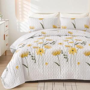 Dinjoy Quilt Set Full Size Yellow, Floral Bedspreads 3 Pieces Reversible Quilts Bedding Set Microfiber Lightweight Bedspread Coverlet Farmhouse Set for Women Girls 78"x90"