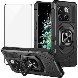 Ailiber Case for OnePlus 10T 5G with Tempered Glass Screen Protector, Ring Kickstand for Magnetic Car Mount, Heavy Duty Shockproof Protective Hard Phone Cover - Black