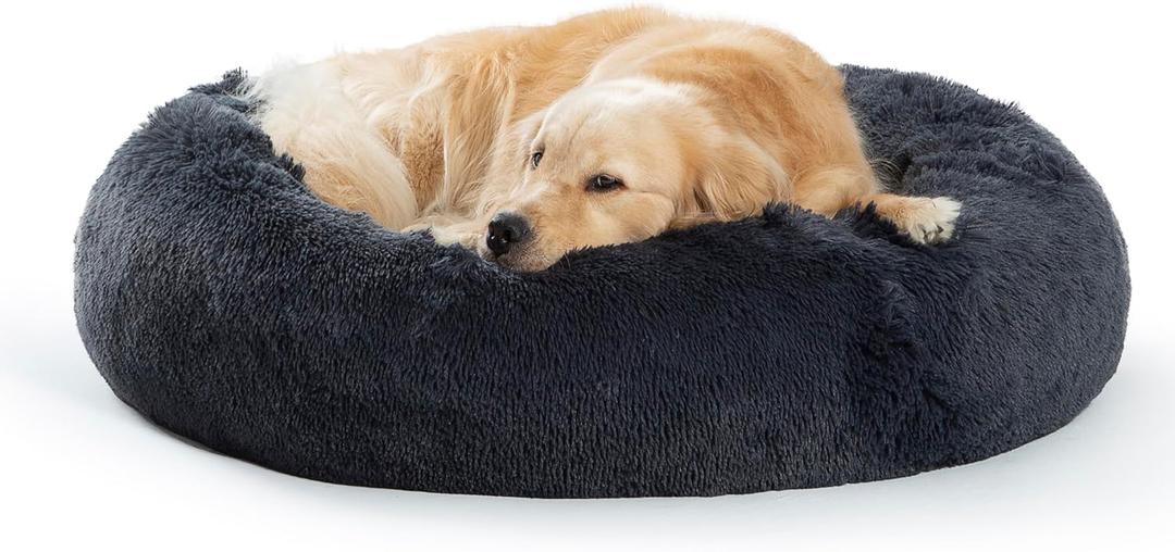 SAVFOX Plush Calming Dog Beds, Donut Dog Bed for Large Dogs, Comfy Cuddler Dog Bed and Cat Bed in Faux Fur, Washable Dog Bed, L (Dark Grey)