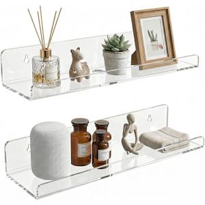 Acrylic Floating Shelves, Adhesive Wall Mount Command Shelves for Bathroom, Kitchen, Dorm - Renter-Friendly Easy Install Wall Shelves for Home Decor and Organization (Fully Clear-2 Pack)
