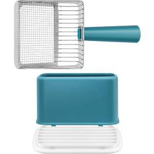 Metal Cat Litter Scoop with Holder, Heavy Duty Deep Sifter with Dual-Hole (10mm/5mm) for Pellets & Clay, Non-Stick (Blue)