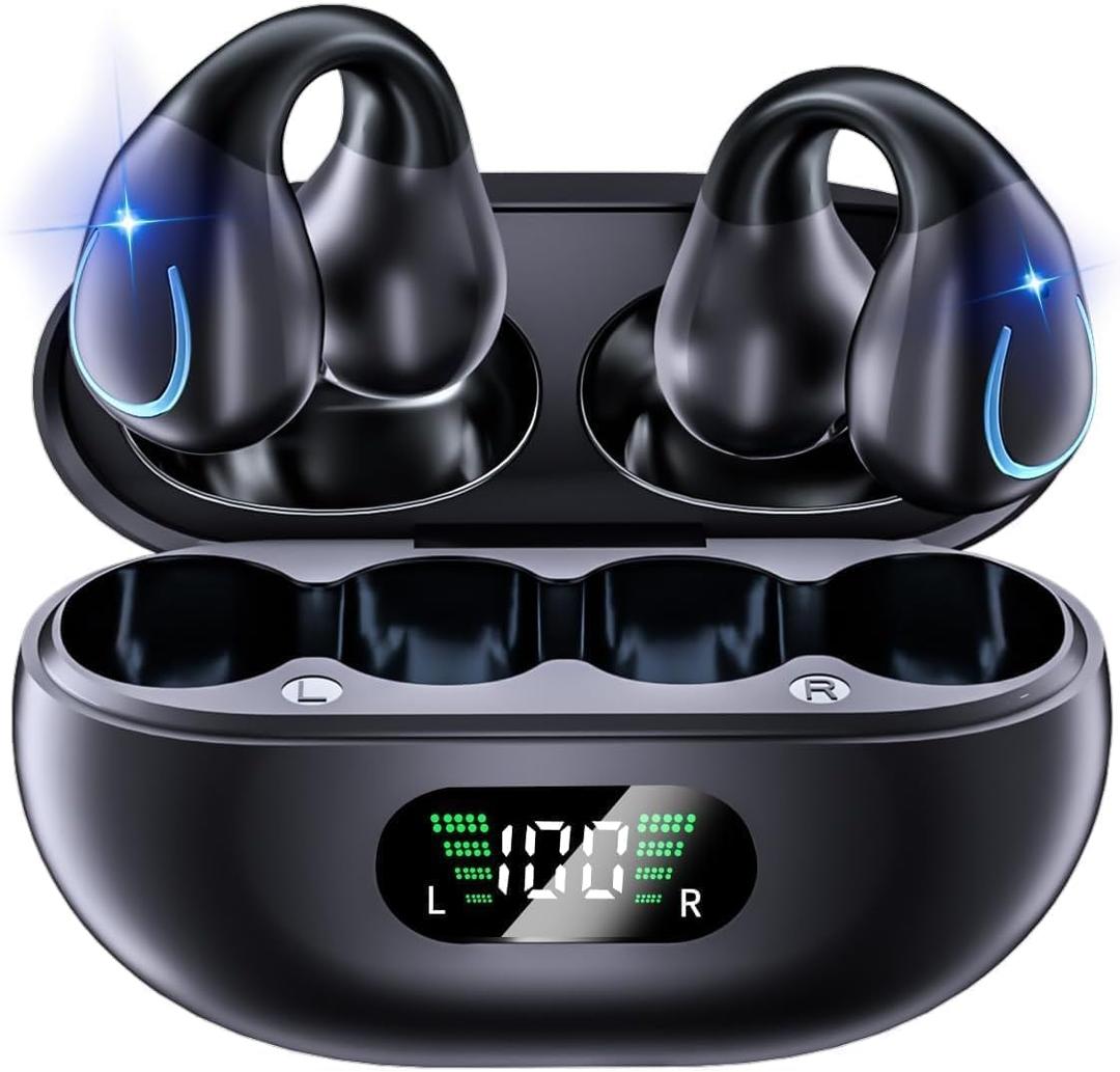 Open Ear Bone Conduction Headphones Bluetooth 5.3 Wireless Clip On Earbuds with Digital Display Charging Case 60 Hours Playtime Sport Earphones Built-in Mic IPX7 Waterproof for Running Fitness Black (YYK-Q71)