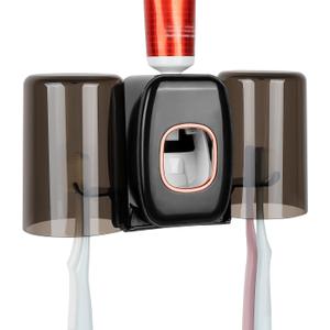 4 Slots Wall Mount Toothbrush Holder with Cover, Self Adhesive Toothbrush Storage Organizer for Shower, Toothbrush Hanger with 2 mouthwash Cups for Bathroom, Medicine Cabinet, Dorm (Black)