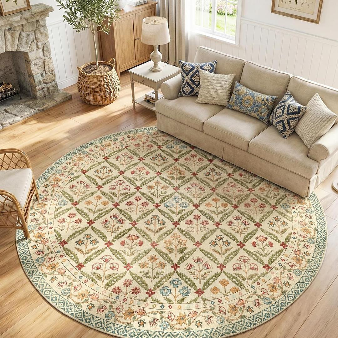 jinchan Round Rug 7ft Vintage Floral Washable Circle Area Rug, Teal Blue