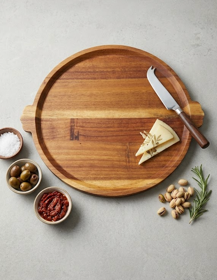 Large Round Wood Serving Tray, Wooden Trays with Handles for Ottoman Table, Vintage Acacia Tray Circle Wood Tray for Indoor Outdoor Organization and Decoration