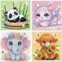 Gemozaic 4 Pack Diamond Art Kits for Kids, Cute Animals Kids' Diamond Art Painting Kits for Ages 4-8, Cat, Elephant, Panda, Highland Cow DIY Gem Painting for Gift Home Wall Decor (6x6inch)