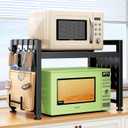 Expandable Microwave Stand Countertop, 2-Tier Adjustable Microwave Oven Rack with 8 Hooks & 2 Holders, Heavy Duty Carbon Steel Microwave Shelf for Kitchen Counter Organizer and Storage, Holds 120lbs (Black)