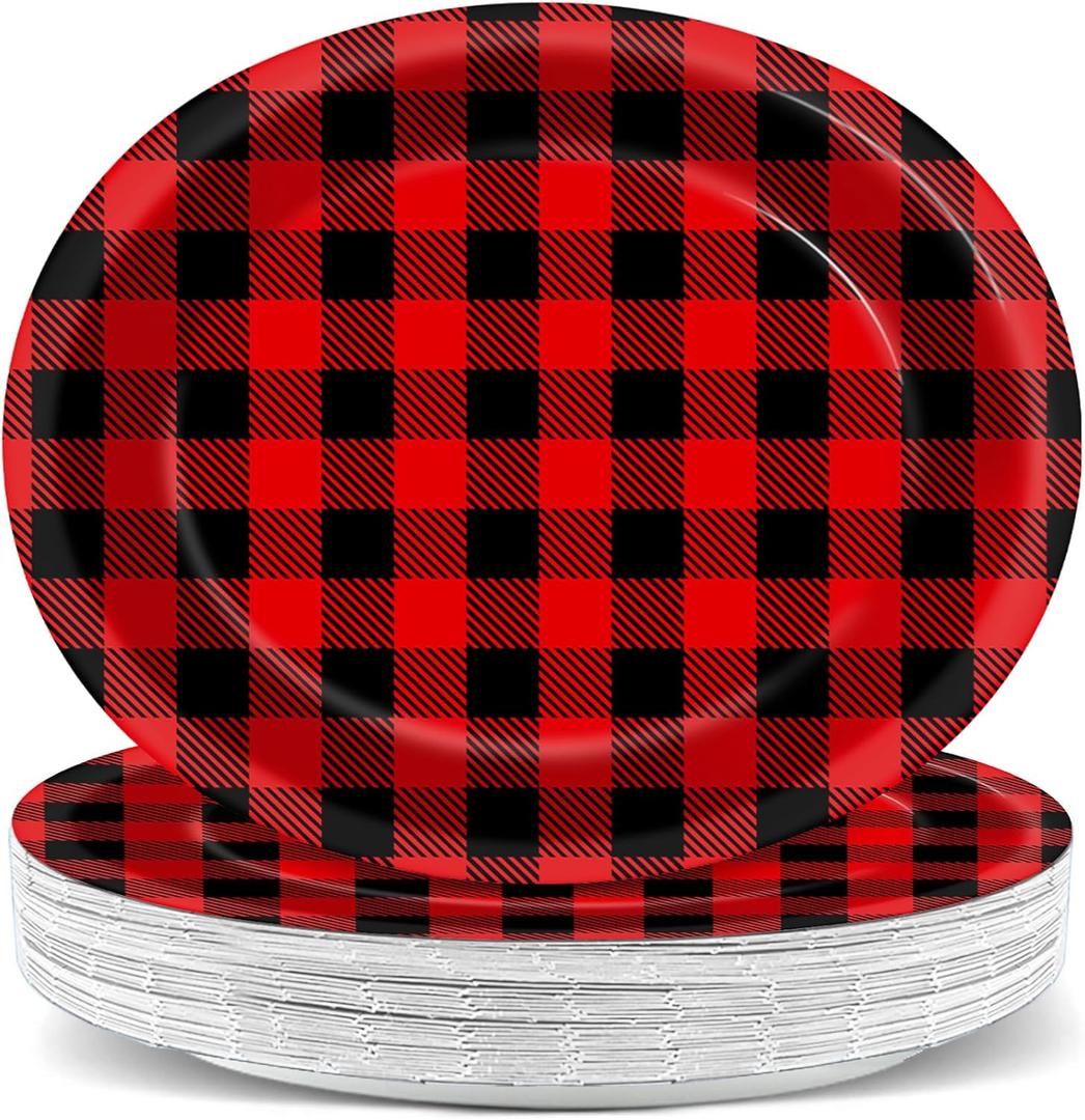 50pcs Christmas Plaid Oval Plates 11 Inch Merry Christmas Plaid Paper Tableware Set Red and Black Plaid Disposable Dinnerware for Xmas Party Home Winter Holiday Decoration Supplies