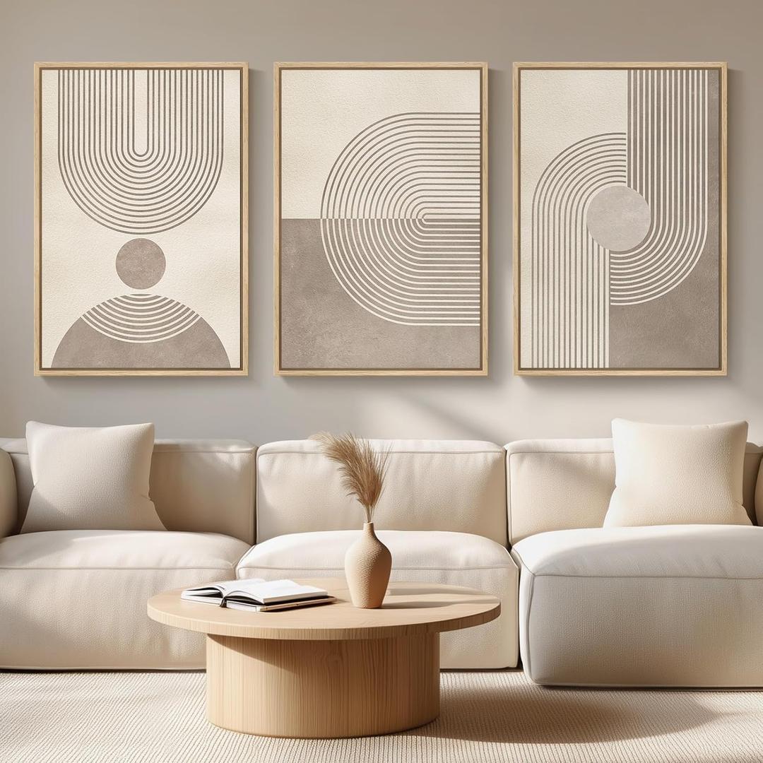 Framed Boho Neutral Abstract Wall Art for Living Room, Large 3 Piece Mid Century Modern Painting Prints, Minimalist Geometric Canvas Artworks for Dining Room Hallway Office Wall Decor, 24x36 In