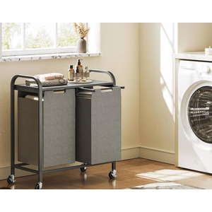 ALOFA Laundry Basket, Laundry Hamper 2 Section, Laundry Bags, Laundry Hamper with Shelf, DIY Letter Stickers, Grey