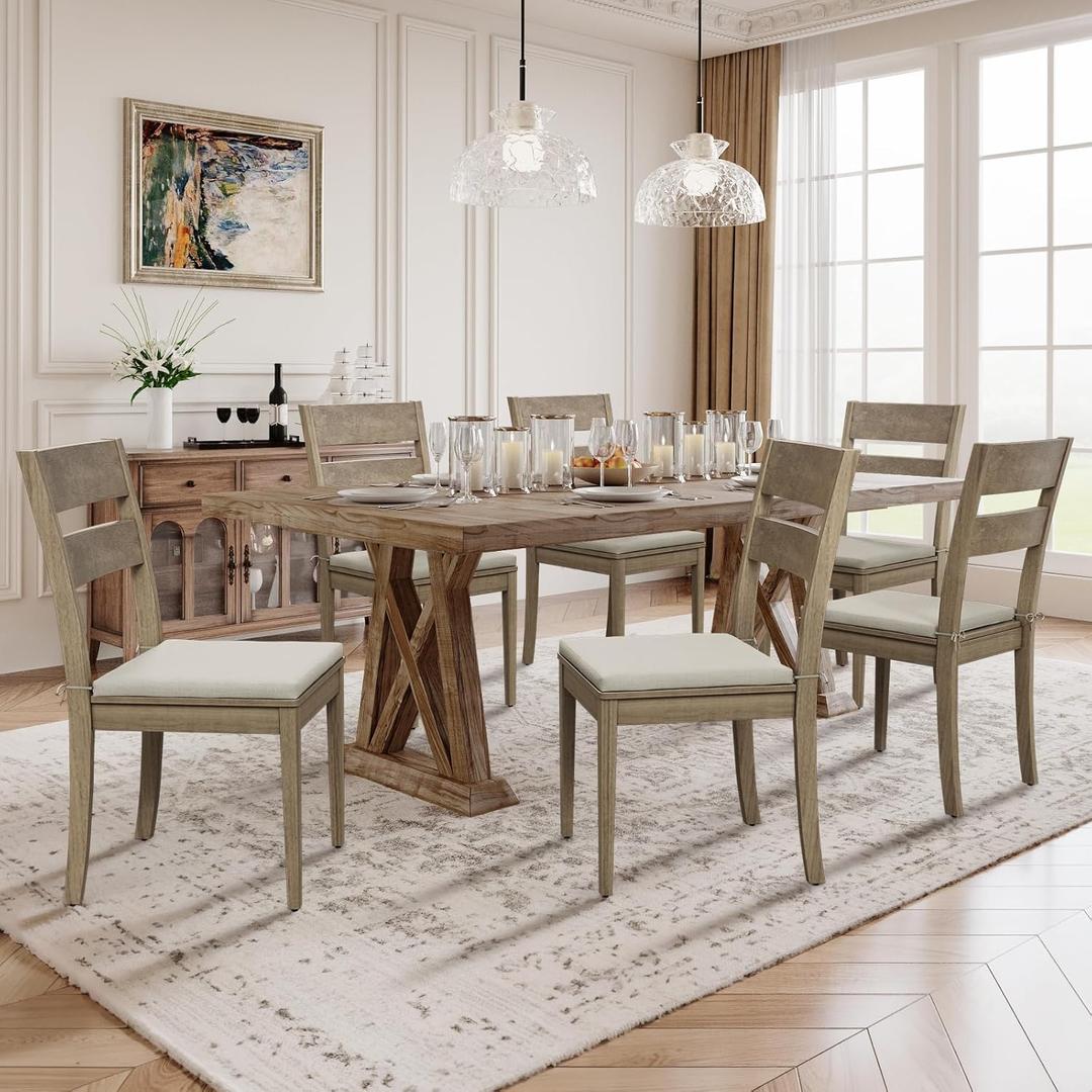 COLAMY Farmhouse Dining Chairs Set of 6, Upholstered Kitchen Chairs with Ladder Back, Modern Wood Side Dining Room Chairs with Wooden Legs for Dinner Rustic Restaurant, Light Brown