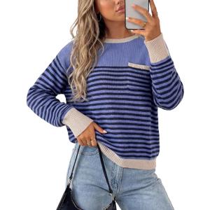Rooscier Women's Striped Knit Pullover Sweater Crew Neck Long Sleeve Loose Sweaters with Pocket (Purple, L)