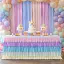 Besutolife Pastel Rainbow Table Skirt Ruffle Party Tablecloth for Rectangle Table 6ft Birthday Party Baby Shower (72" x 30" (6ft))