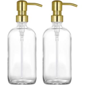 2 Pack Thick Clear Glass Pint Hand Soap Dispenser Bathroom with Gold Stainless Steel Pump, 16ounce Clear Boston Round Bottles Dispenser with Rustproof Pump for Kitchen Dish, Lotion Soap