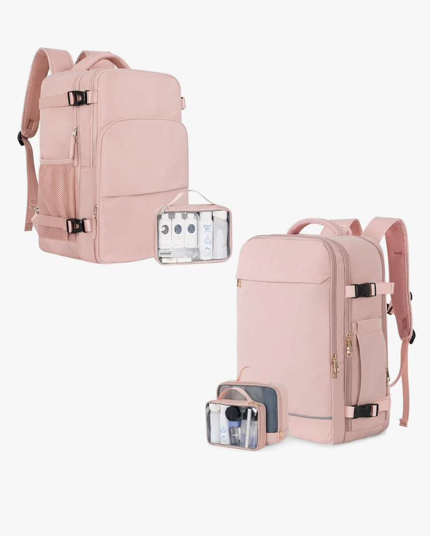 Backpack (Pink & Pink), Flight Approved Personal Item Travel Backpack, Carry On Backpack with Multi-Pockets, College Bag, Hiking Waterproof Backpack, Business Backpack with USB Charging Port