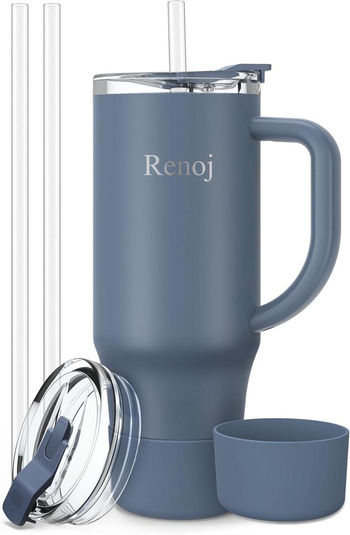 Renoj Insulated Mug 100% Leak Proof Insulated Water Bottle for Iced Coffee & Hot Drinks - Fits Car Cup Holder, Ideal Gift, 2 Straws & Silicone Boot - SnapShift Pink 40 oz (Navy Blue)