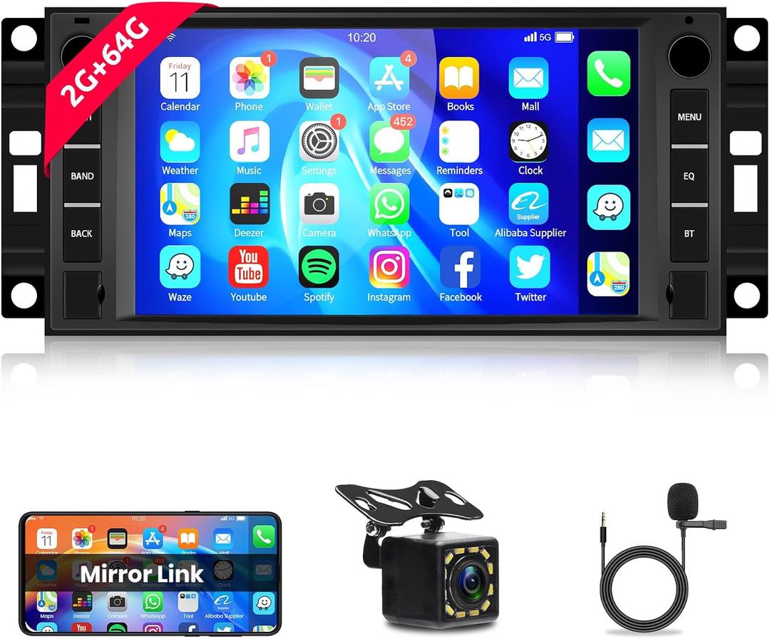 2G+64G Android Car Stereo for Jeep Wrangler Chevrolet Chrysler Dodge with Wireless Carplay/Android Auto, Bluetooth, WiFi, GPS Navi, 7 Inch HD Touch Screen Upgrade with USB, SWC, HD Backup Camera