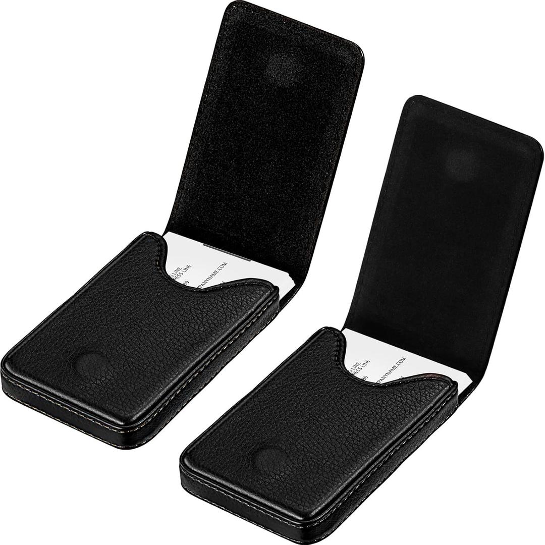 Outus 2 Pieces Business Card Holder, PU Leather Business Card Case Pocket Wallet with Magnetic Shut for Christmas Gift Men Women(Black, Classic)
