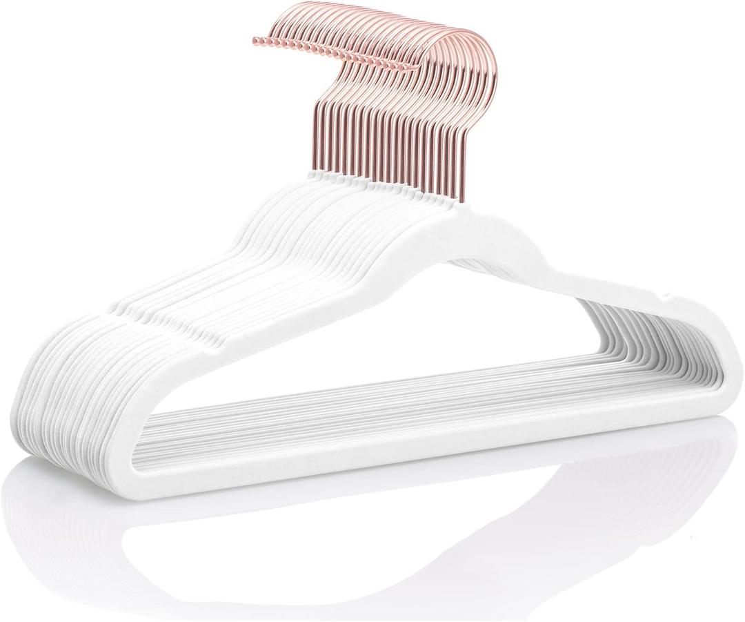 MIZGI Kids Velvet Hangers,Non-Slip Big Kids Hangers,14 Inch Hangers for Youth,Teen Clothes,Pack of 50White/Rosegold