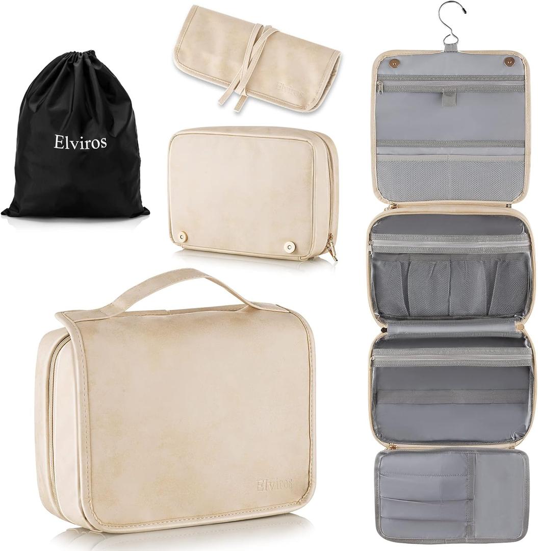Elviros Hanging Travel Toiletry Bag for Women, 3-in-1 Large Makeup Bag and Cosmetic Organizer, Vegan Leather Waterproof Skincare Case for Travel Size Toiletries and Accessories, Gift for Women (EXP 07/07/26)