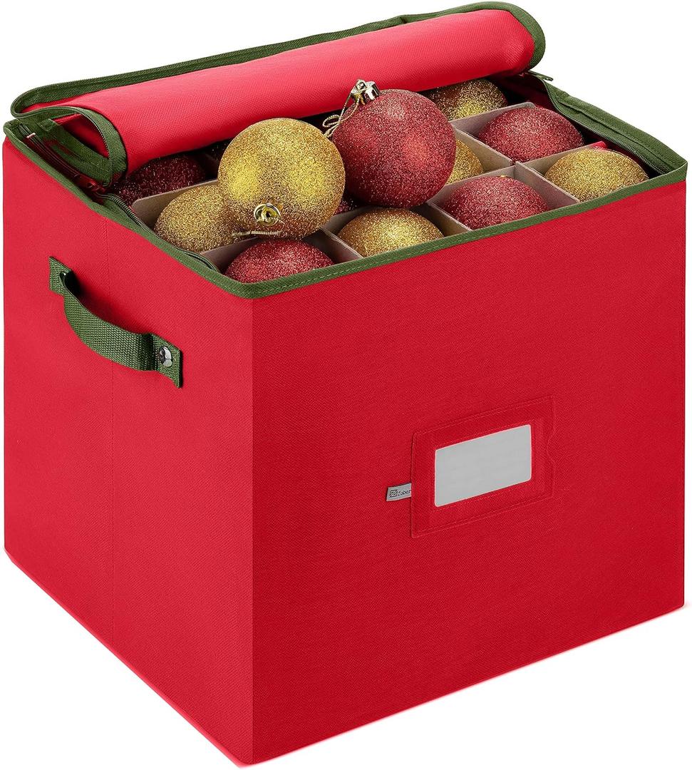 ZOBER Christmas Ornament Storage Box - Stores 64 3" Ornaments, With Dividers - Ornament Organizer Storage Box, Durable Christmas Containers Holder, Dual Zipper - Red