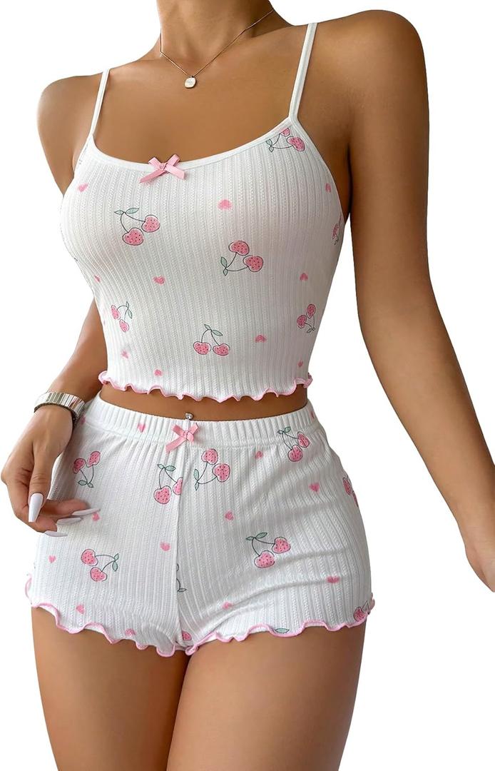 Women's 2 Piece Pajama Set Cherry Spaghetti Strap Bow Cami Tops and Shorts Set Cute Soft Sleepwear (White, XL)