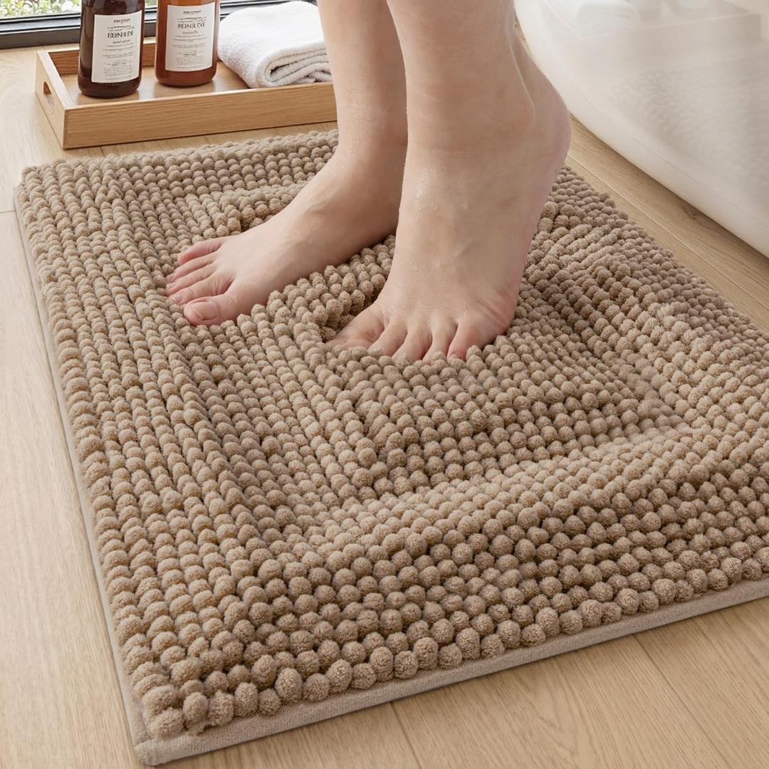 DEXI Bath Mats for Bathroom 16x24, Non Slip Washable Bathroom Rug, Thick Soft Chenille Absorbent Bathmat for Shower Floor, Fluffy Shaggy Carpet for Tub, Dark Beige