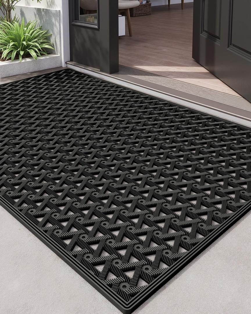 DEXI Front Door Mat Outside Entrance Rubber 32x48, Welcome Floor Doormat Heavy Duty Non Slip, Dirt Trapper Waterproof Exterior Entry Mats All Weather for Patio Entryway Drainage, Black