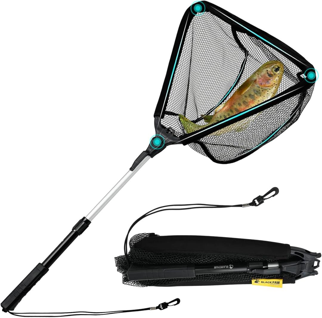Black Paw Floating Fishing Net Foldable Telescopic Fish Landing Net Rubber Coated Fishing Net for Kayak, Fly, Trout, Fishing Net Freshwater Saltwater (C:16" Hoop Size Black (Telescopic Pole))