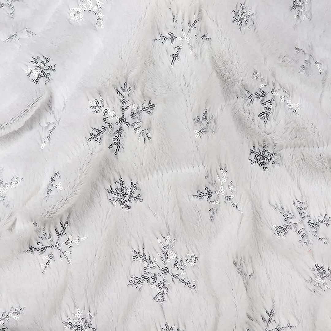YYCRAFT 1 Yard Faux Fur Fabric with Sequin Snowflake by The Yard Fabric 62 Inch Wide for Snow Skirt Pillow Christmas Decoration-White/Silver