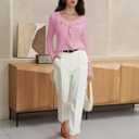 Women's Long Sleeve Shirts Dressy Casual V Neck Ruffle Knit Tunic Tops 2025 Fall Trendy Work Blouse (Pink, XS)