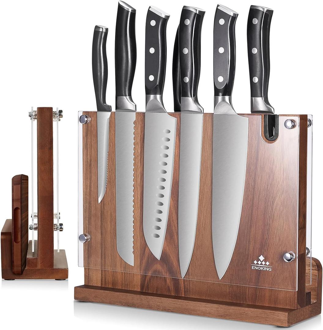 ENOKING Magnetic Knife Block 12.2 x 9.3", Double Sided Magnetic Knife Holde with Knife Sharpener, Acacia Wood Magnetic Knife Stand with Acrylic Shield for Kitchen Countertop