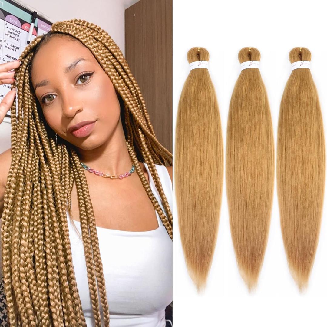 2 x Honey Blonde Braiding Hair Pre stretched 16 Inch 3 Packs, 27# | Professional Soft Yaki Texture Long Braid Extensions, Hot Water Setting for Box Braids Twist & Crochet Braids