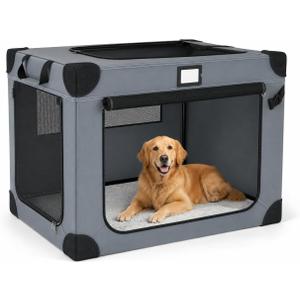 36 Inch Collapsible Soft Dog Crates with 3-Door & Mesh Windows for Travel Sturdy Metal Frame，Indoor & Outdoor，Soft Blanket and Foldable Bowl,Storage Bag,Signature Card,Waterproof,Portable for Camping, Blue-L