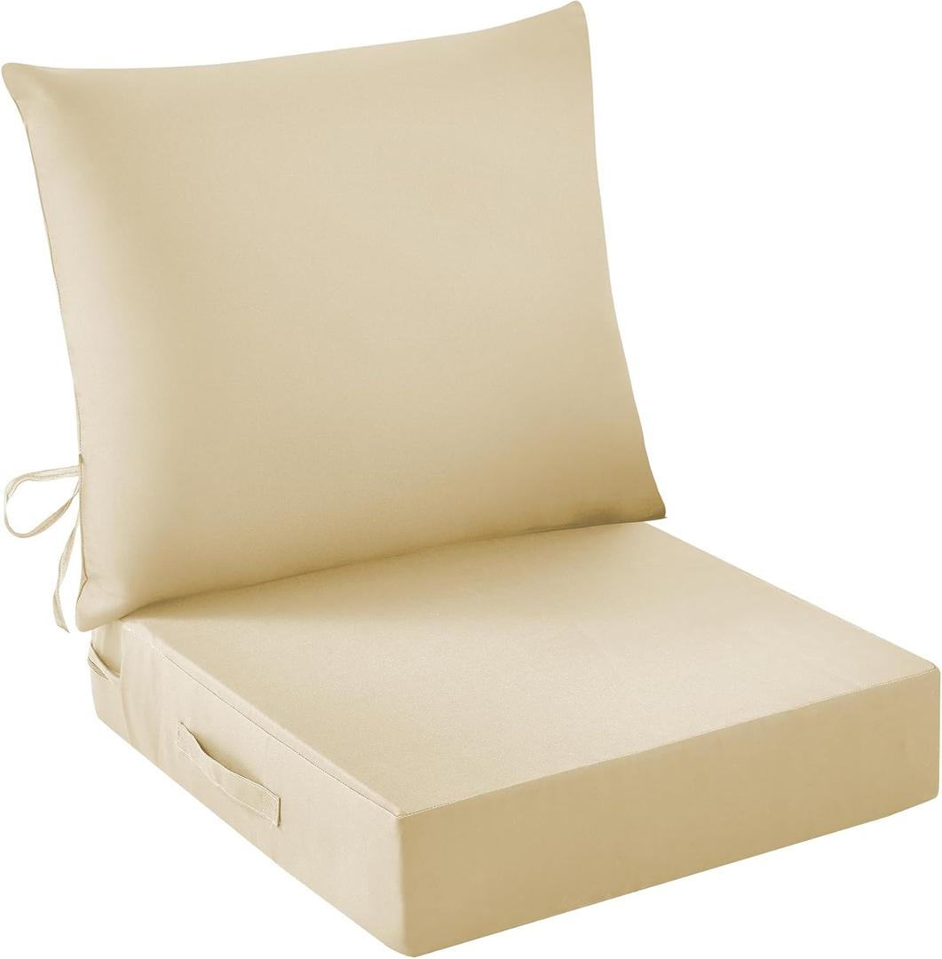 IASEAHK Outdoor Seat Cushion Set, Waterproof & Fade Resistant Patio Chair Cushions, Outdoors Cushion for Patio Furniture, 24 x 24 x 5.75 Inch, Outdoor Couch Cushions with Handle and Ties, Light Khaki
