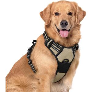 rabbitgoo Dog Harness No Pull with 2 Leash Clips, Adjustable Soft Padded, Reflective Oxford No Choke Pet Vest with Easy Control Handle for Large Dogs, Beige, XL