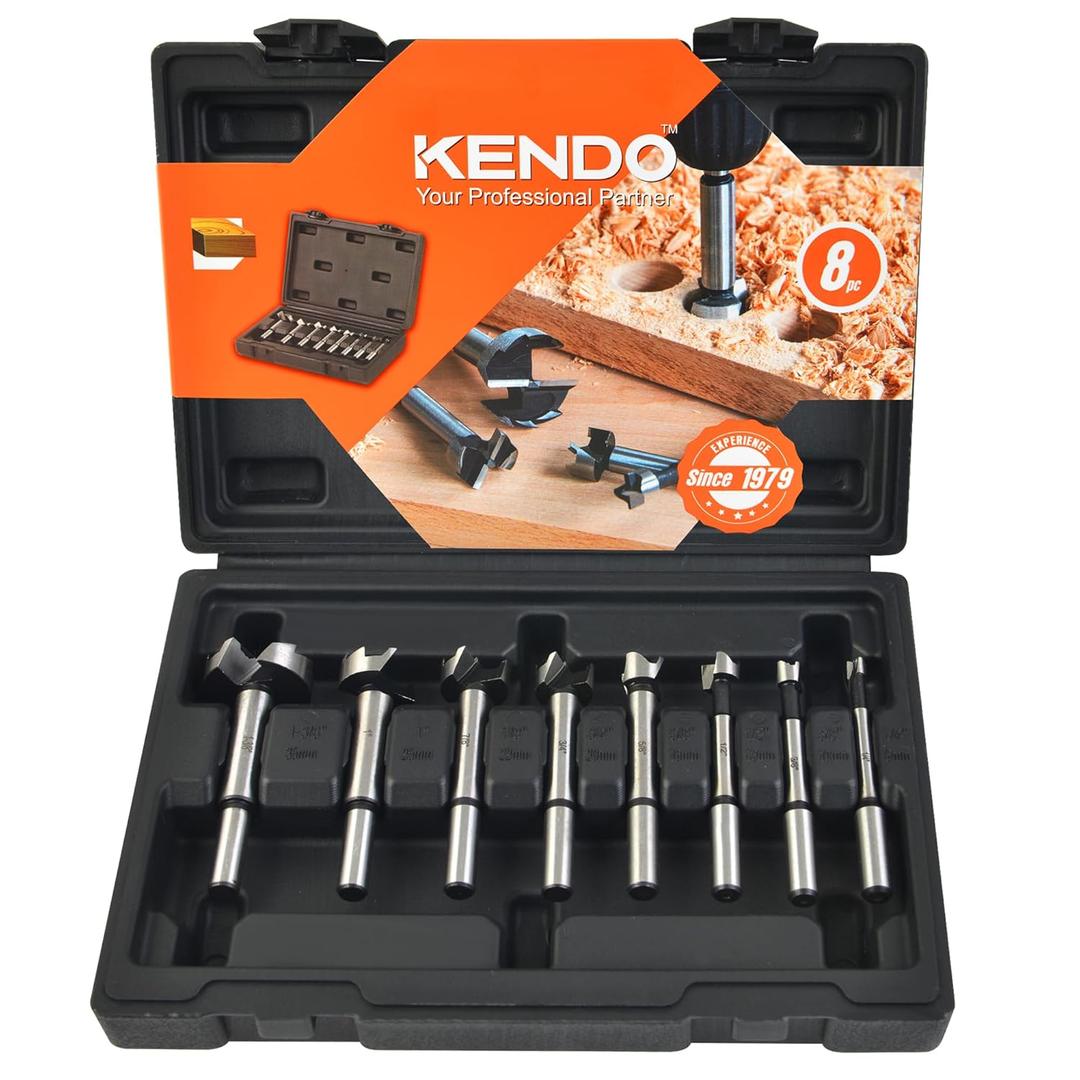 KENDO 8 Piece Forstner Bit Set, Made of Alloy Steel, Forstner Bits for Woodworking, Auger Opener Round Shank Drilling Cutting Tool for Hardwood, Softwood, Plastic, Plywood with Storage Case