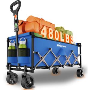 Extra Long Collapsible Wagon Cart, 480LBS Heavy Duty Utility Wagons with All-Terrain Wheels, Foldable Grocery Carts for Gardening, Shopping, Beach, Camping, Royal Blue