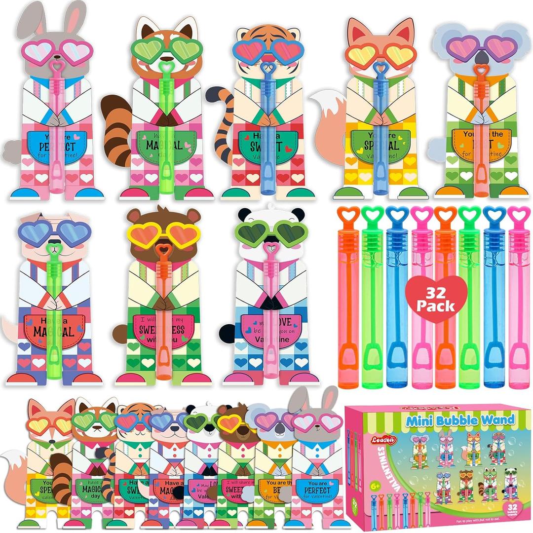 Valentines Day Gifts for Kids, 32 Pack Mini Bubble Wands with Greeting Cards Valentines Animal Themes for Kids, Valentine's Day School Prizes Party Favor, Classroom Exchange Gifts
