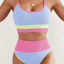 Herseas Womem 2 Piece High Waisted Bikini Sets Color Block Popular Swimsuits 2026 Summer Beach Swim Best Bathing Suits (Blue, L)