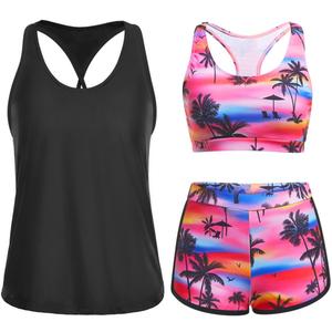Yonique 3 Piece Athletic Tankini Swimsuits for Women with Shorts Swim Tank Tops with Sports Bra and Boyshorts Bathing Suits Pink Tree, Size Medium