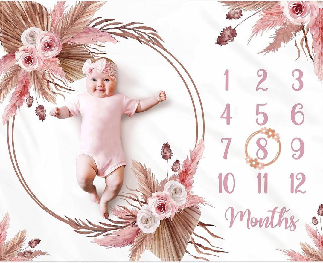 Gicoherero Floral Boho Baby Monthly Milestone Blanket Little Girl Bohemian Photo Prop Blanket Personalized Bliss Baby Present Pampas Grass Ideas for Newborn Princess Pinkk Nursery Dcor 40" x 50"