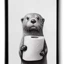 ILLBDR Bathroom Framed Wall Art Funny Bathroom Wall Art Black and White Print Humorous Minimalistic Canvas Artwork Otter Decor for Guest Toilet Framed 16"x24"