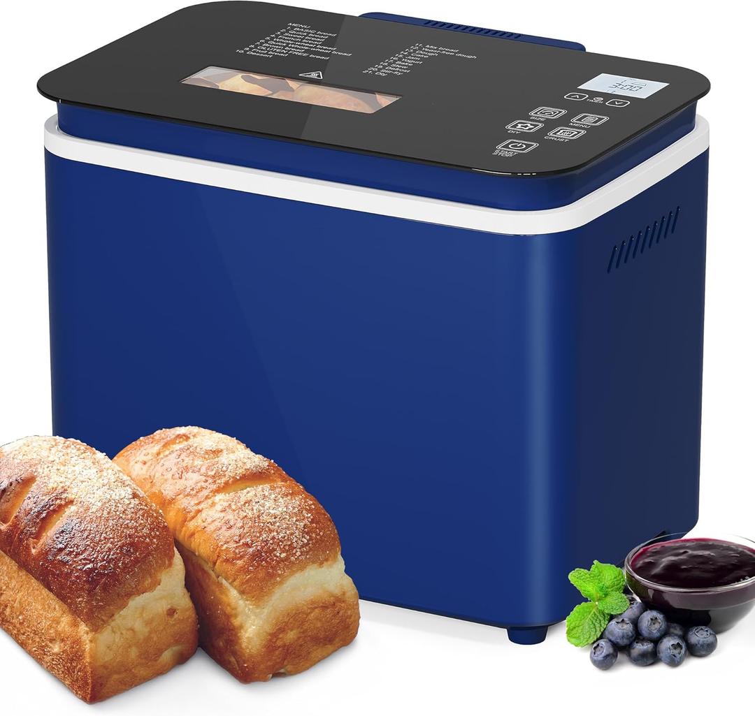 2.2LB Bread Maker, 21-in-1 Programmable Bread Machine with Digital Touch Panel, 3 Loaf Sizes 3 Crust Color, Keep Warm, 15H Timer, Blue Bread Making Kit & Breakfast Maker with Nonstick Pan