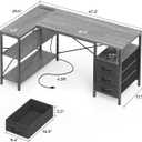 Huuger L Shaped Office Desk with Power Outlets, 47 Inch Computer Desk with 3 Drawers, Shelves, for Gaming, Corner Work, Home Office, Study, Grey