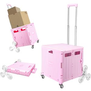 Foldable Cart with Stair Climbing Wheels, Collapsible Rolling Crate with Telescoping Handle, Handcart for Grocery Book File Tool Art Supplies(Pink)