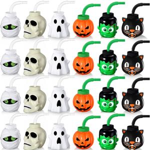Umigy 24 Pack Halloween Cup Set for Kids - 10 oz Reusable Plastic Cup with Lid & Straw Gift Bulk for Halloween Party Favor Supplies