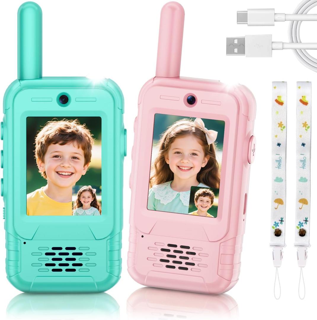 Video Walkie Talkies for Kids, 2 Pack Rechargeable Long Range Video Kids Walkie-Talkie with 6 Voice Changer, Two Way Radios Toys Christmas Birthday Toddler Gift for Boys Girls 3-10 Year Olds