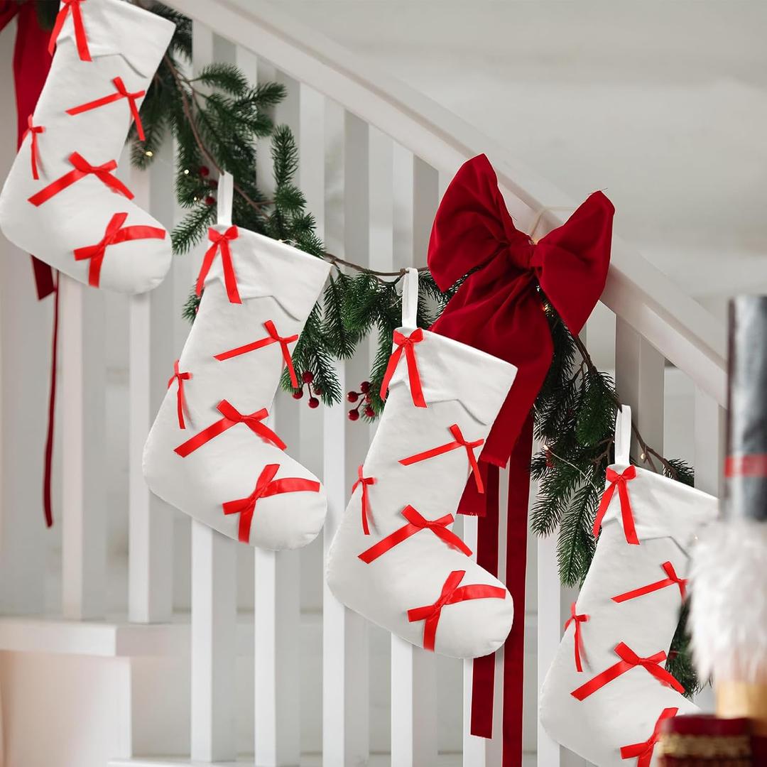 4 Pcs Red Bow Christmas Stockings 18 inch Velvet Xmas Stockings Decor Large Hanging Girls Socks for Pink Coquette Christmas Tree Bow Hanging Ornaments Fireplace Decorations